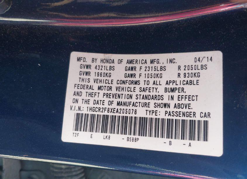 Photo 9 of 2014 Honda Accord EX-L (VIN 1HGCR2F8XEA205078)