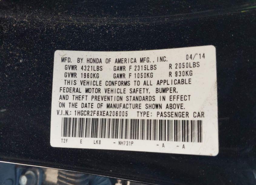 Photo 9 of 2014 Honda Accord EX-L (VIN 1HGCR2F8XEA206005)