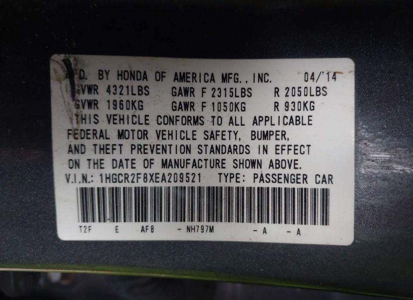 Photo 9 of 2014 Honda Accord EX-L (VIN 1HGCR2F8XEA209521)