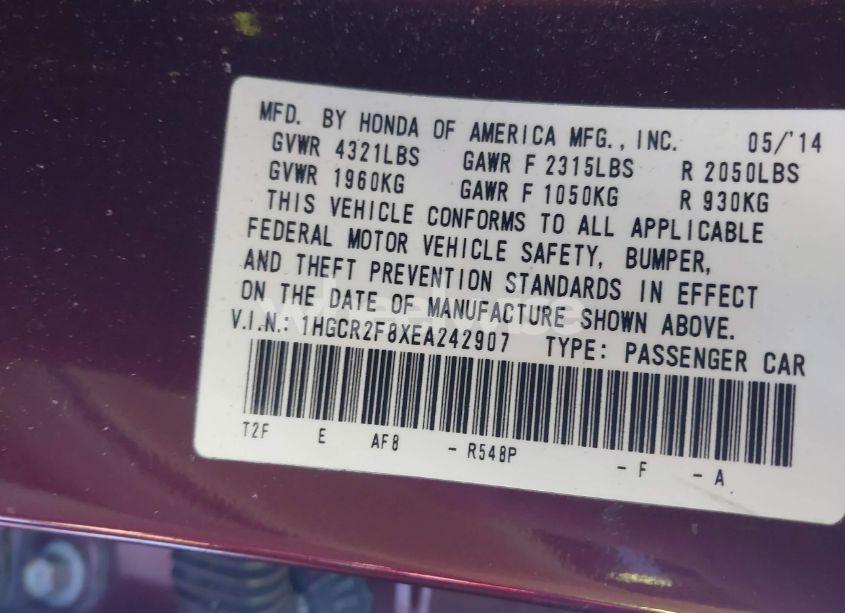 Photo 9 of 2014 Honda Accord EX-L (VIN 1HGCR2F8XEA242907)