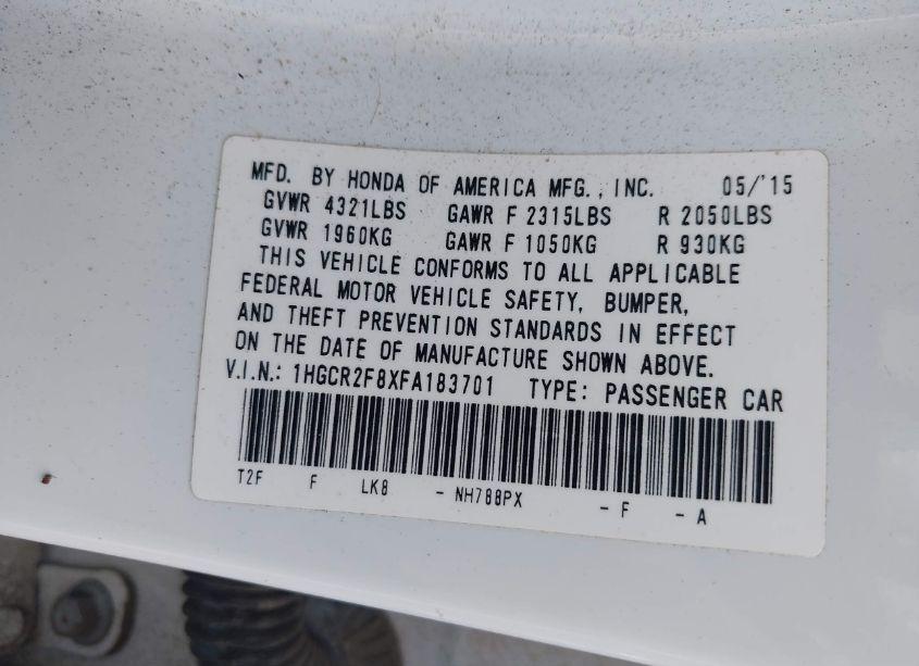 Photo 9 of 2015 Honda Accord EX-L (VIN 1HGCR2F8XFA183701)