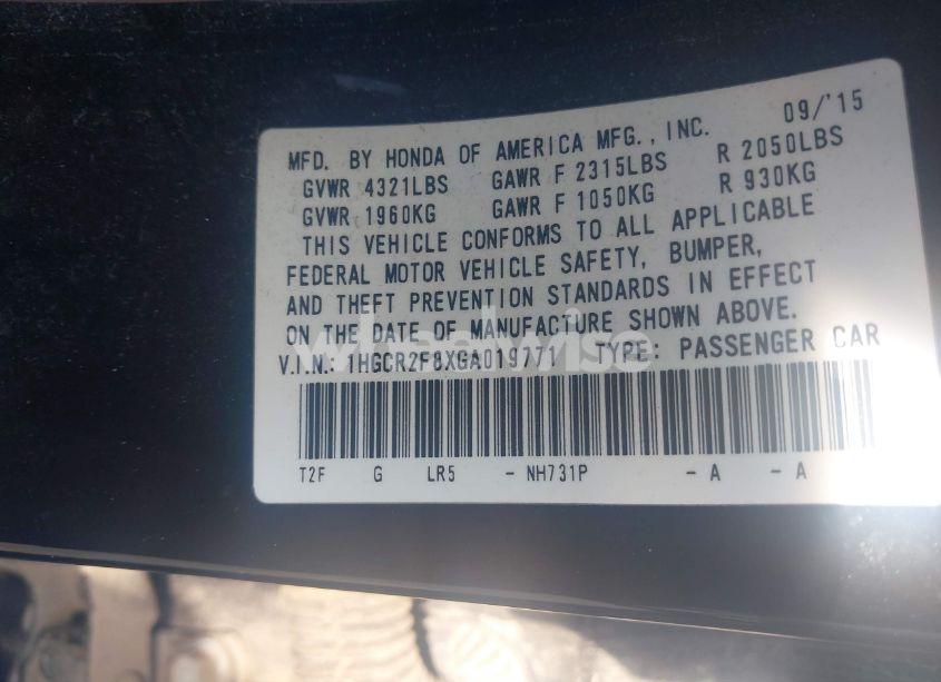 Photo 9 of 2016 Honda Accord EX-L (VIN 1HGCR2F8XGA019771)