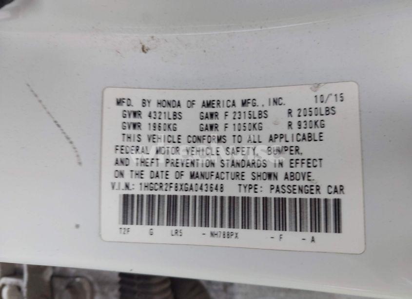 Photo 9 of 2016 Honda Accord EX-L (VIN 1HGCR2F8XGA043648)