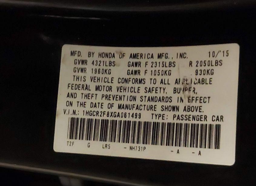 Photo 9 of 2016 Honda Accord EX-L (VIN 1HGCR2F8XGA061499)