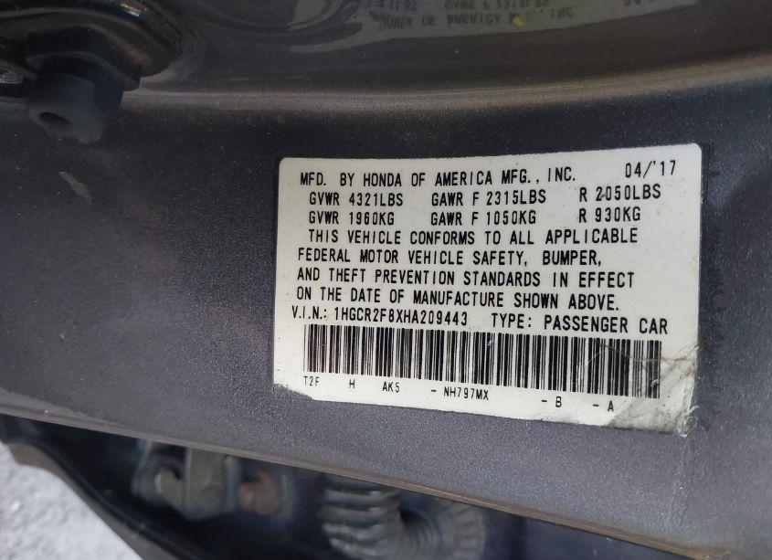 Photo 9 of 2017 Honda Accord EX-L (VIN 1HGCR2F8XHA209443)