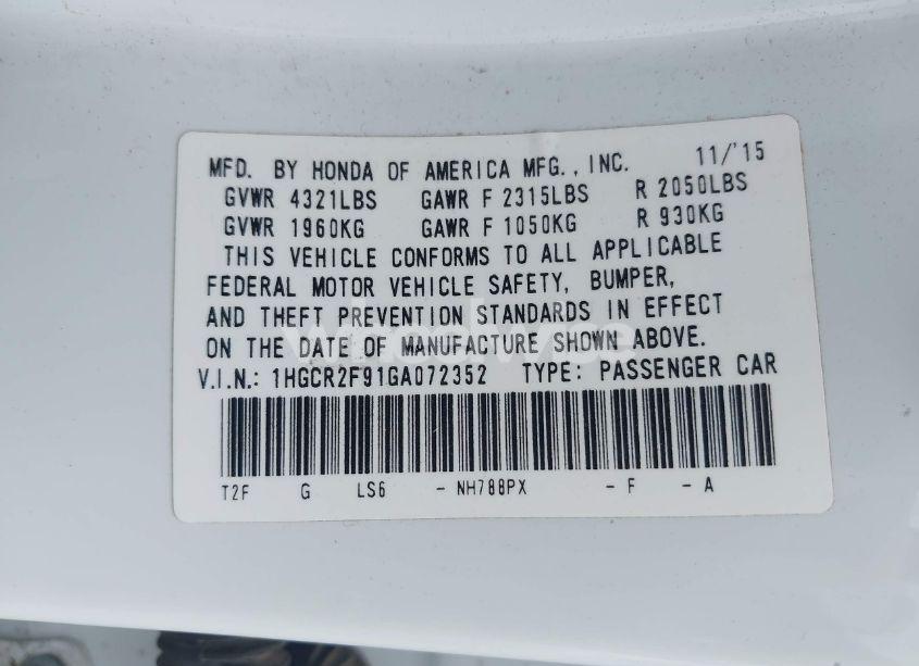 Photo 9 of 2016 Honda Accord EX-L (VIN 1HGCR2F91GA072352)