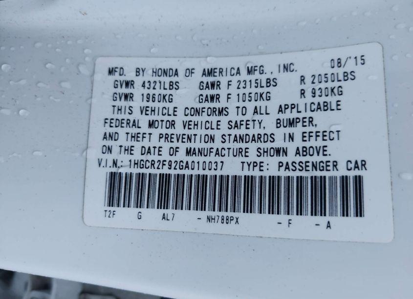 Photo 9 of 2016 Honda Accord EX-L (VIN 1HGCR2F92GA010037)