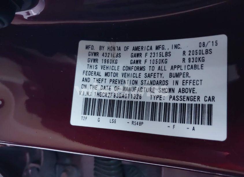 Photo 9 of 2016 Honda Accord EX-L (VIN 1HGCR2F93GA011326)