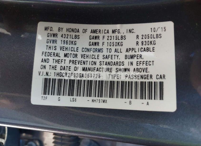 Photo 9 of 2016 Honda Accord EX-L (VIN 1HGCR2F93GA061725)