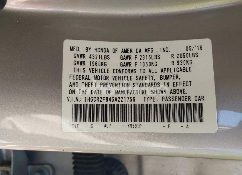 Photo 9 of 2016 Honda Accord EX-L (VIN 1HGCR2F94GA221756)