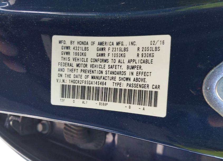 Photo 9 of 2016 Honda Accord EX-L (VIN 1HGCR2F95GA145464)