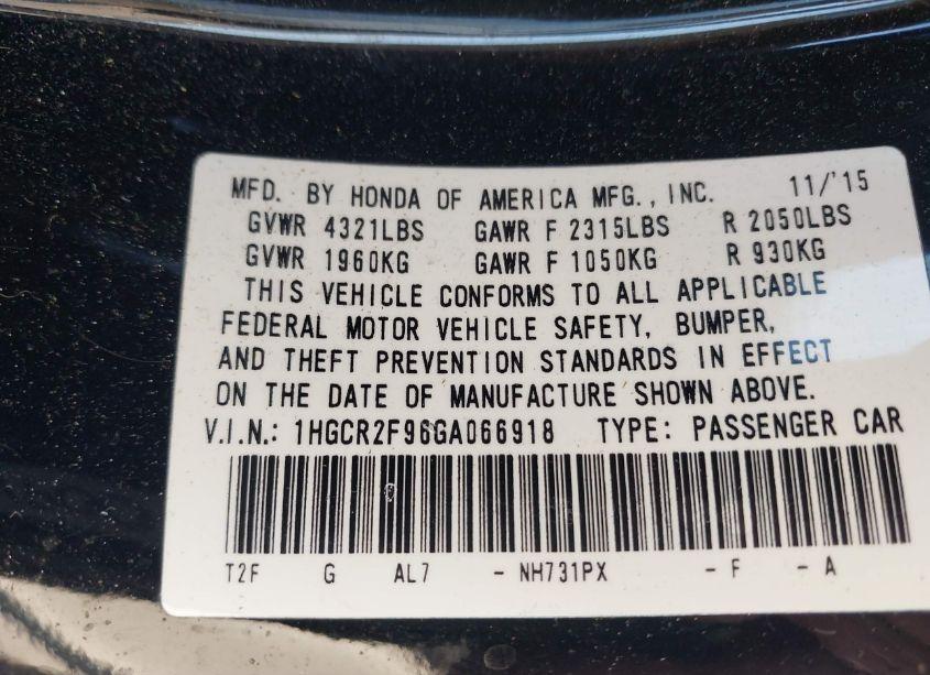 Photo 9 of 2016 Honda Accord EX-L (VIN 1HGCR2F96GA066918)