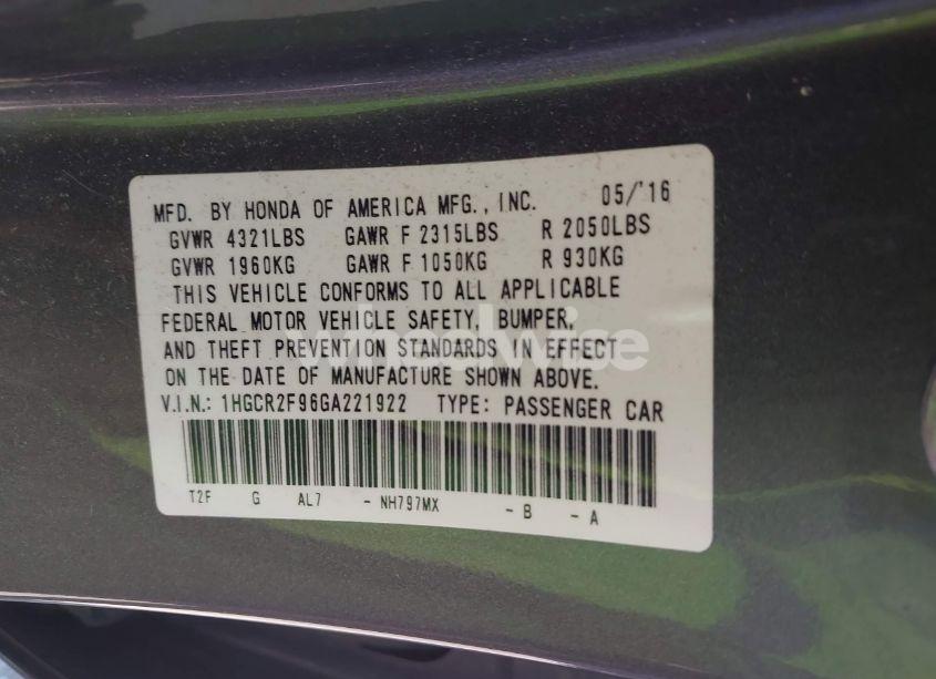 Photo 9 of 2016 Honda Accord EX-L (VIN 1HGCR2F96GA221922)