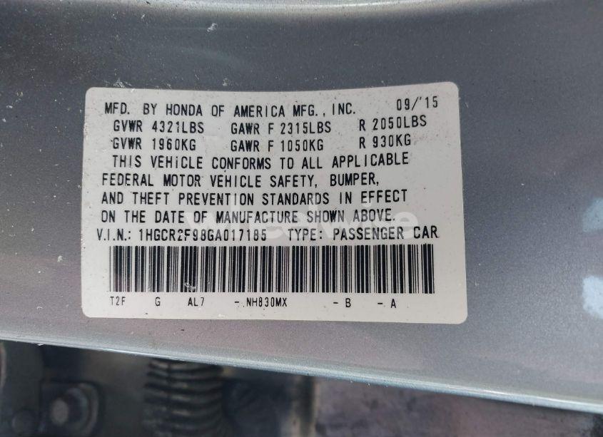 Photo 9 of 2016 Honda Accord EX-L (VIN 1HGCR2F98GA017185)