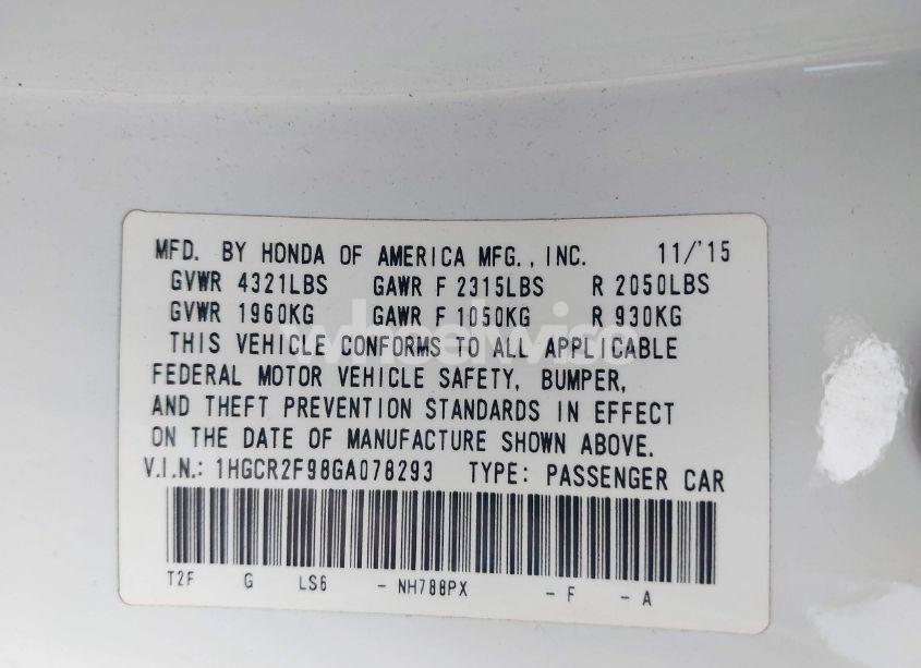 Photo 9 of 2016 Honda Accord EX-L (VIN 1HGCR2F98GA078293)