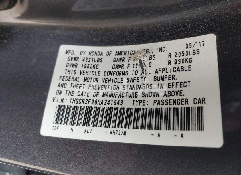 Photo 9 of 2017 Honda Accord EX-L (VIN 1HGCR2F98HA241543)