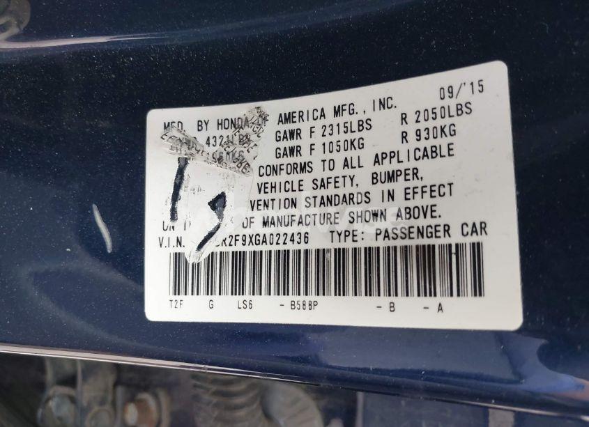 Photo 9 of 2016 Honda Accord EX-L (VIN 1HGCR2F9XGA022436)