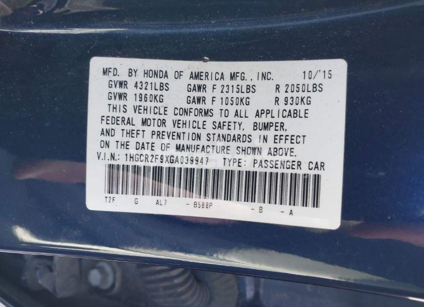 Photo 9 of 2016 Honda Accord EX-L (VIN 1HGCR2F9XGA039947)