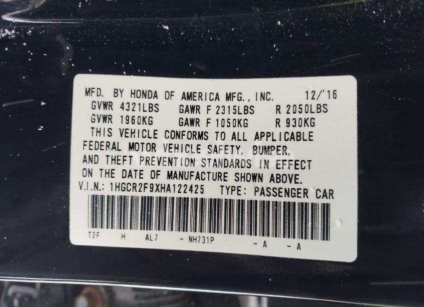 Photo 9 of 2017 Honda Accord EX-L (VIN 1HGCR2F9XHA122425)