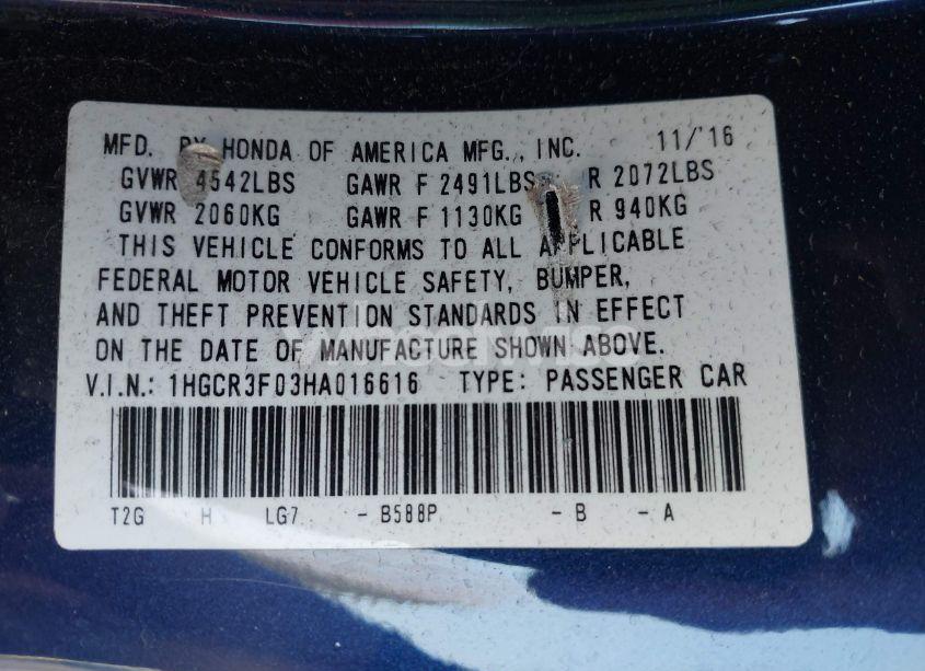 Photo 9 of 2017 Honda Accord EX-L V6 (VIN 1HGCR3F03HA016616)