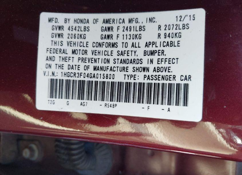 Photo 9 of 2016 Honda Accord EX-L V-6 (VIN 1HGCR3F04GA015800)