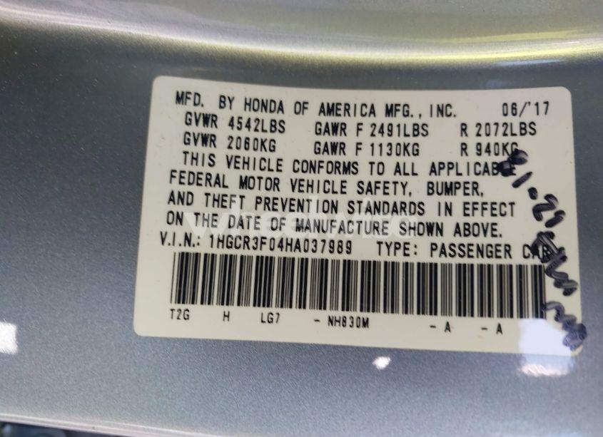 Photo 9 of 2017 Honda Accord EX-L V6 (VIN 1HGCR3F04HA037989)