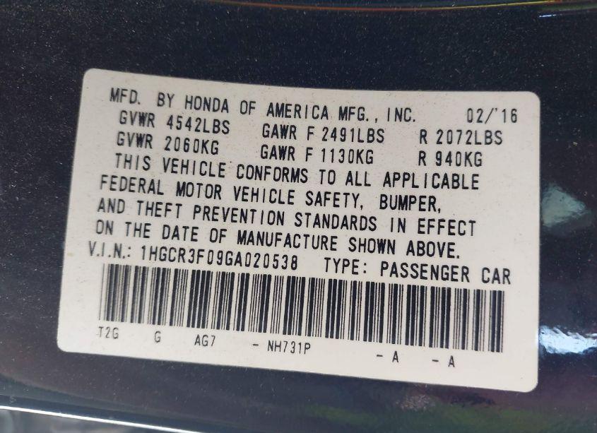 Photo 9 of 2016 Honda Accord EX-L V-6 (VIN 1HGCR3F09GA020538)