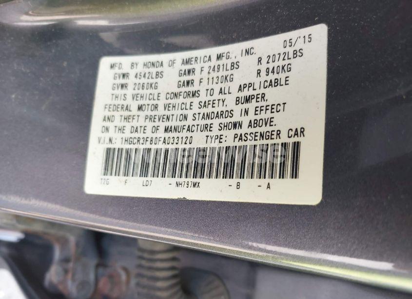 Photo 9 of 2015 Honda Accord EX-L V-6 (VIN 1HGCR3F80FA033120)