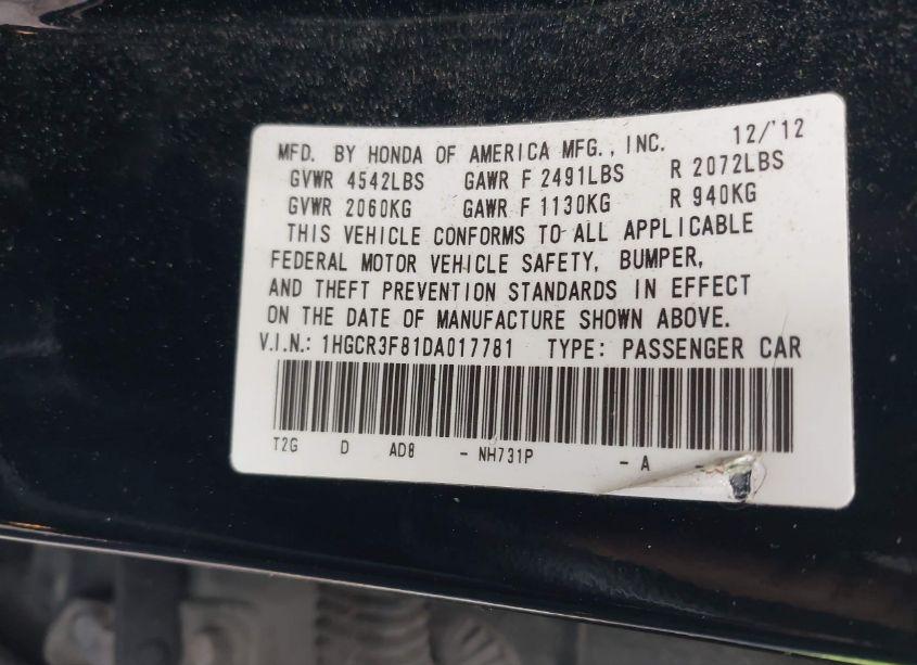 Photo 9 of 2013 Honda Accord EX-L V-6 (VIN 1HGCR3F81DA017781)