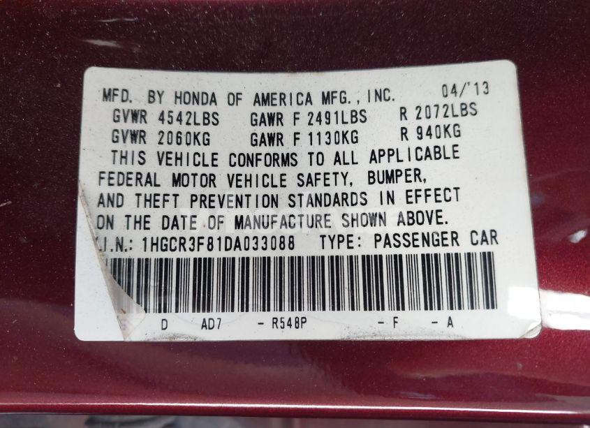 Photo 9 of 2013 Honda Accord EX-L V-6 (VIN 1HGCR3F81DA033088)