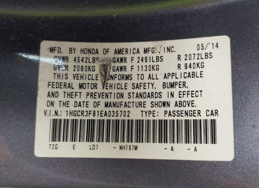 Photo 9 of 2014 Honda Accord EX-L V-6 (VIN 1HGCR3F81EA035702)