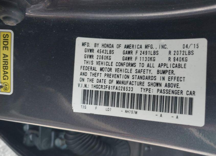 Photo 9 of 2015 Honda Accord EX-L V-6 (VIN 1HGCR3F81FA026533)