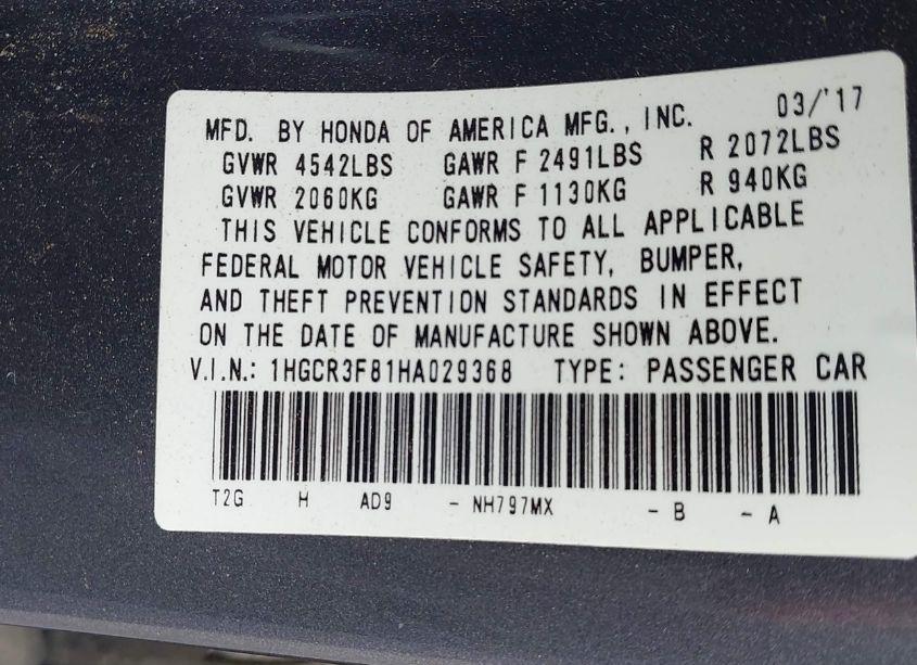 Photo 9 of 2017 Honda Accord EX-L V6 (VIN 1HGCR3F81HA029368)