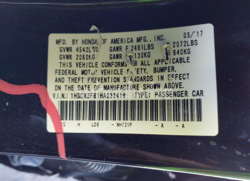 Photo 9 of 2017 Honda Accord EX-L V6 (VIN 1HGCR3F81HA033419)