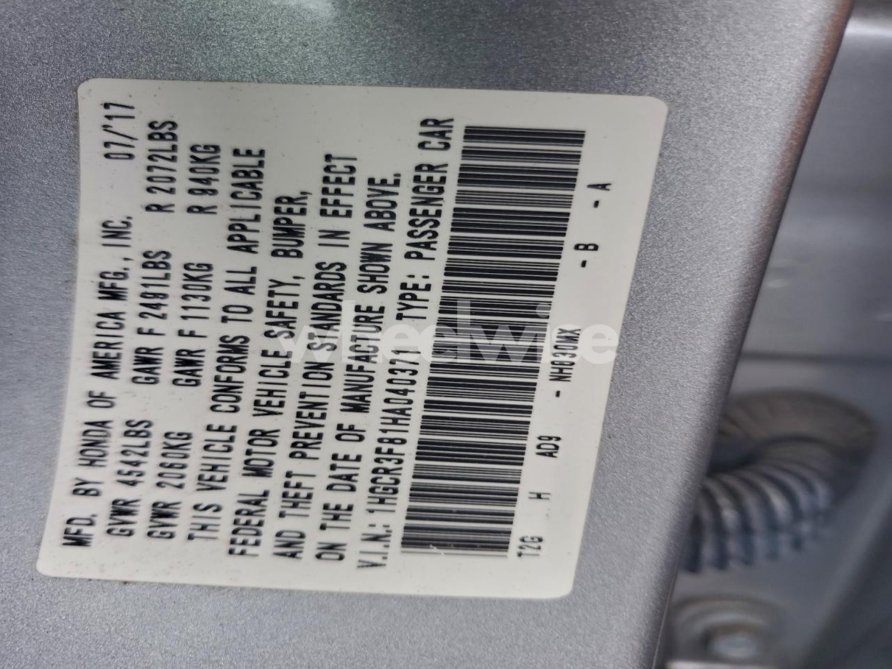 Photo 12 of 2017 HONDA ACCORD EXL (VIN 1HGCR3F81HA040371)