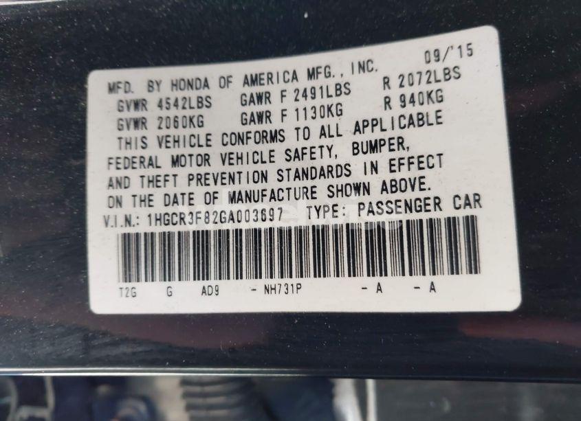 Photo 9 of 2016 Honda Accord EX-L V-6 (VIN 1HGCR3F82GA003697)