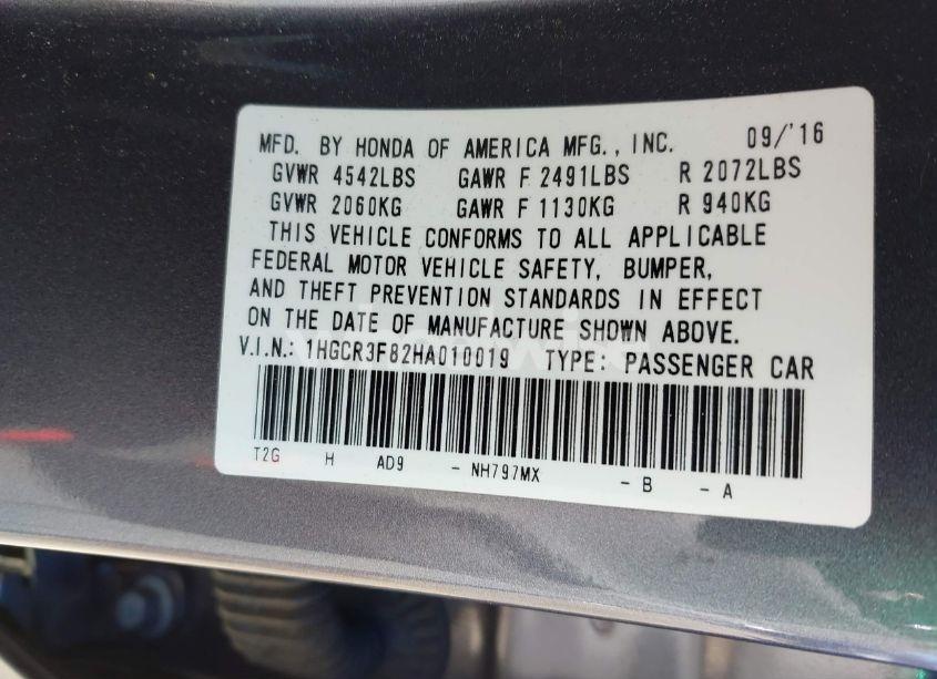 Photo 9 of 2017 Honda Accord EX-L V6 (VIN 1HGCR3F82HA010019)