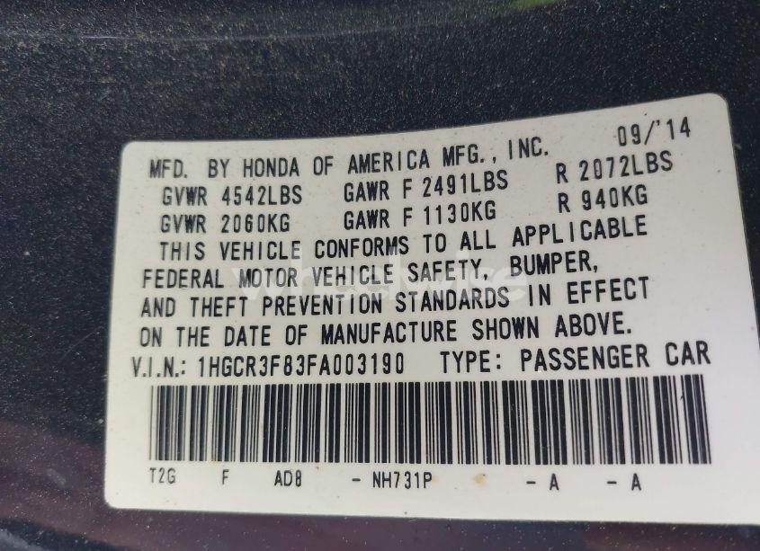 Photo 9 of 2015 Honda Accord EX-L V-6 (VIN 1HGCR3F83FA003190)