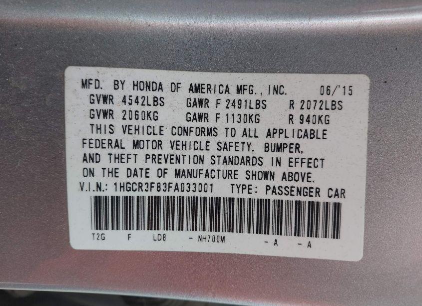 Photo 9 of 2015 Honda Accord EX-L V-6 (VIN 1HGCR3F83FA033001)