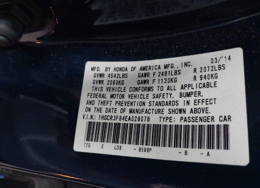 Photo 9 of 2014 Honda Accord EX-L V-6 (VIN 1HGCR3F84EA028078)