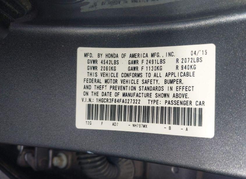 Photo 9 of 2015 Honda Accord EX-L V-6 (VIN 1HGCR3F84FA027322)