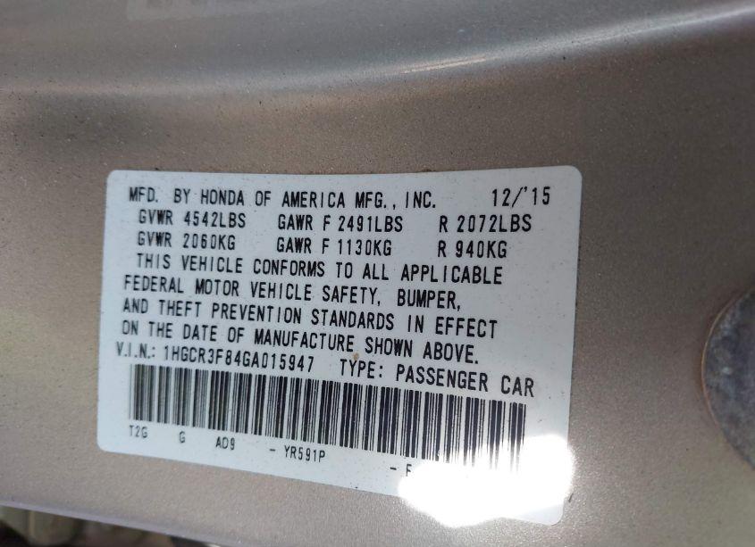 Photo 9 of 2016 Honda Accord EX-L V-6 (VIN 1HGCR3F84GA015947)