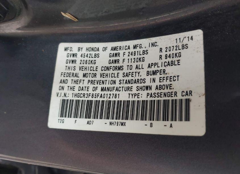 Photo 9 of 2015 Honda Accord EX-L V-6 (VIN 1HGCR3F85FA012781)