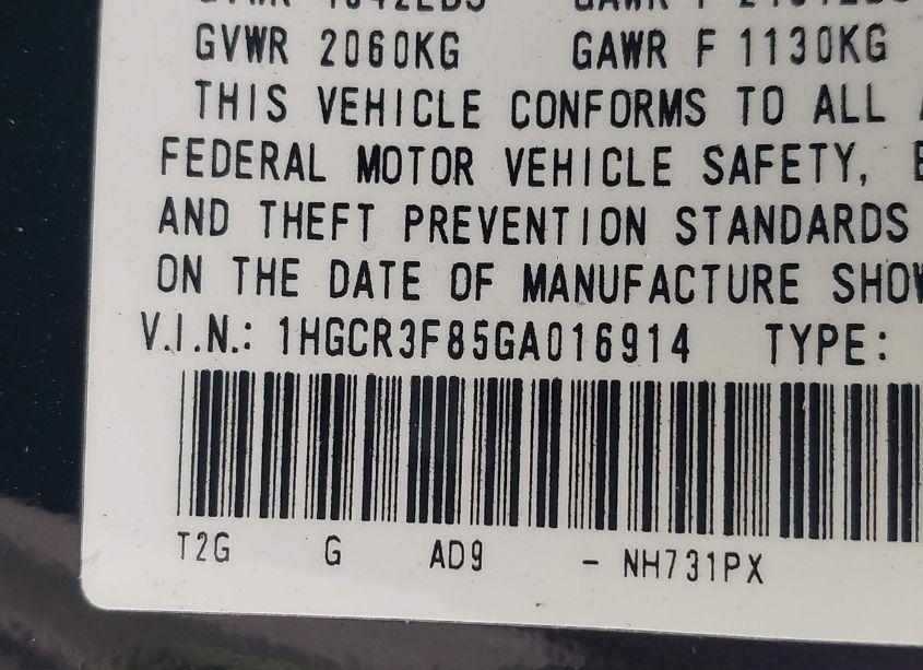 Photo 9 of 2016 Honda Accord EX-L V-6 (VIN 1HGCR3F85GA016914)