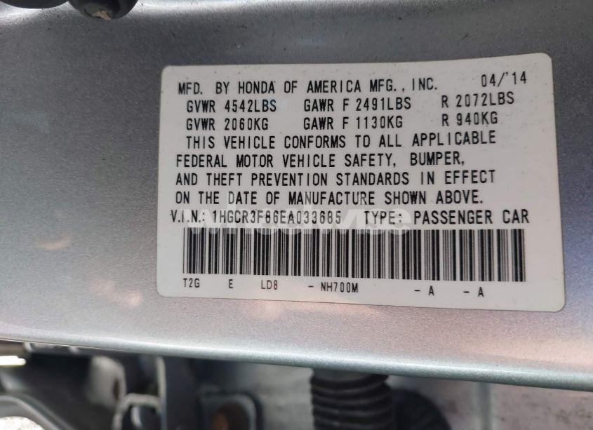 Photo 9 of 2014 Honda Accord EX-L V-6 (VIN 1HGCR3F86EA033685)