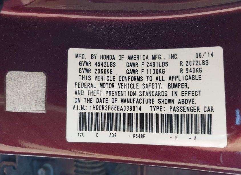 Photo 9 of 2014 Honda Accord EX-L V-6 (VIN 1HGCR3F86EA038014)