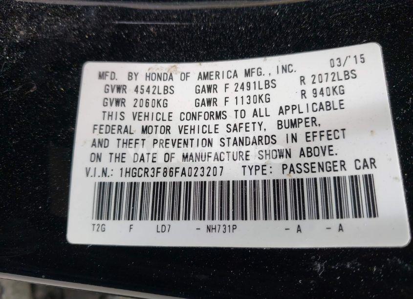 Photo 9 of 2015 Honda Accord EX-L V-6 (VIN 1HGCR3F86FA023207)