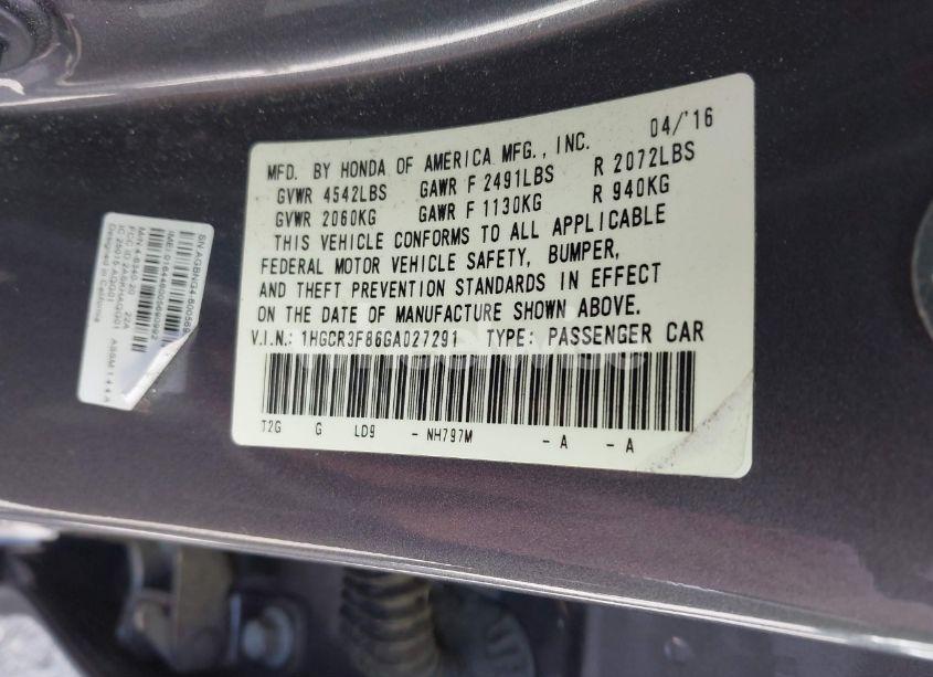 Photo 9 of 2016 Honda Accord EX-L V-6 (VIN 1HGCR3F86GA027291)