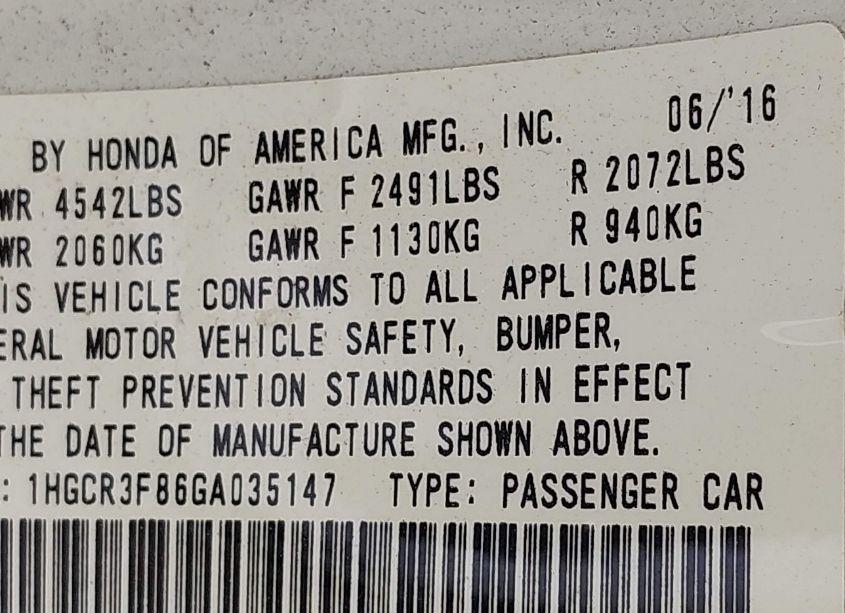 Photo 9 of 2016 Honda Accord EX-L V-6 (VIN 1HGCR3F86GA035147)