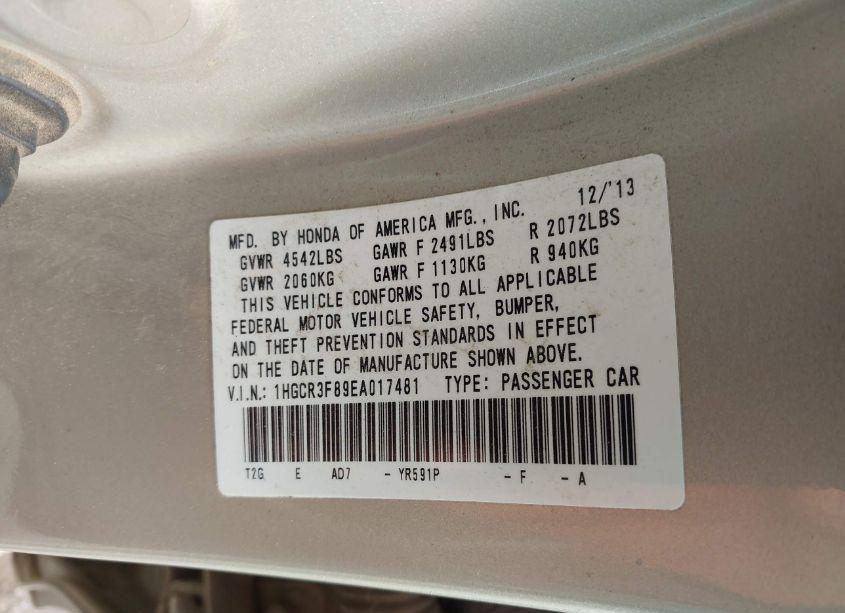 Photo 9 of 2014 Honda Accord EX-L V-6 (VIN 1HGCR3F89EA017481)